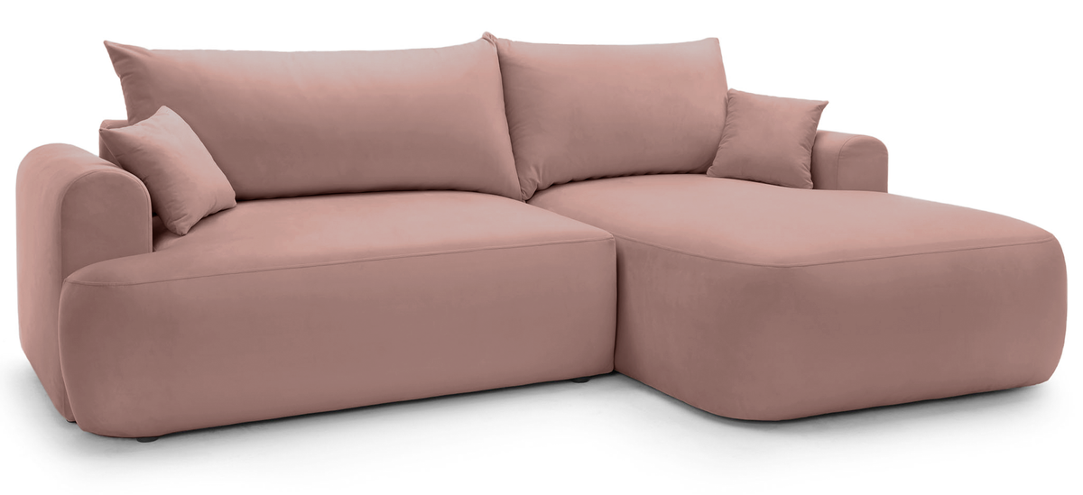 Canapé d'angle droit convertible Ovo en velours hydrofuge rose clair avec coffre de rangement