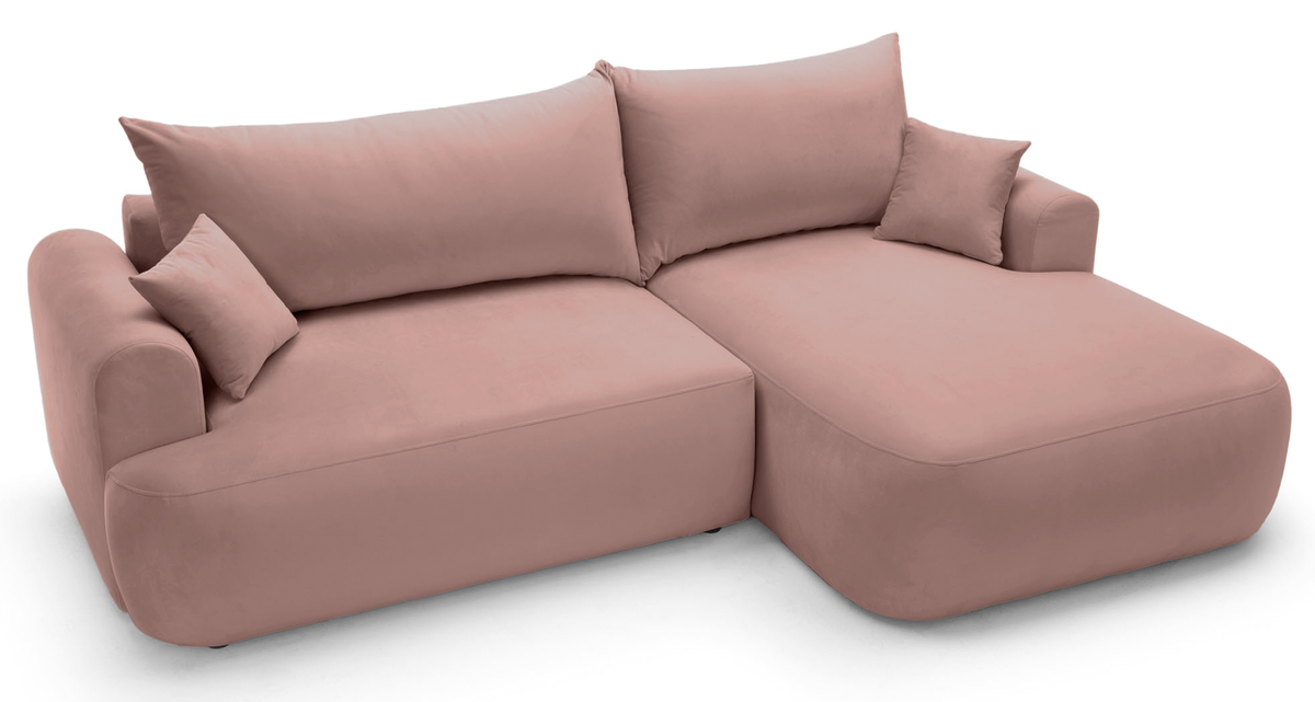 Canapé d'angle droit convertible Ovo en velours hydrofuge rose clair avec coffre de rangement