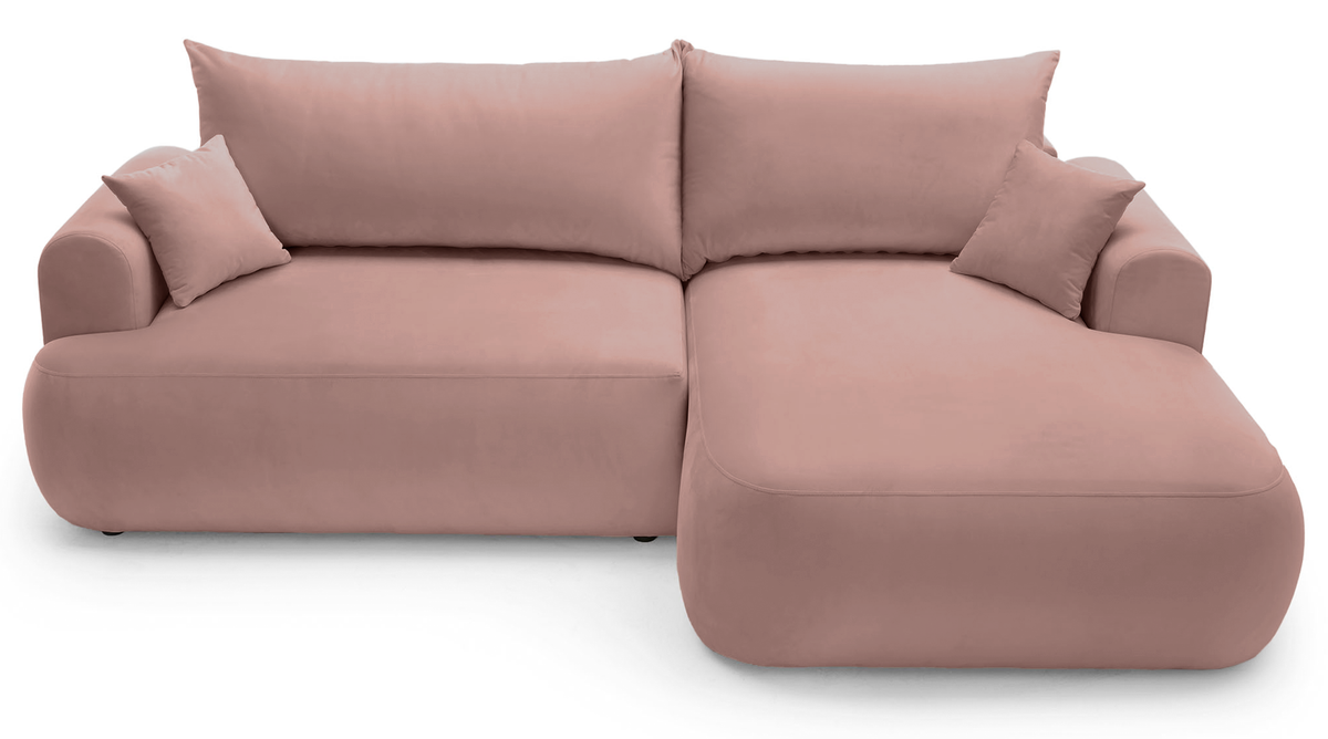 Canapé d'angle droit convertible Ovo en velours hydrofuge rose clair avec coffre de rangement