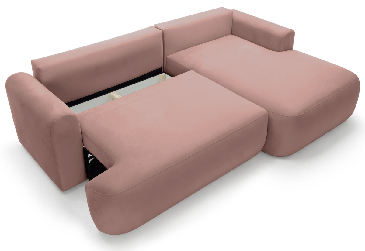 Canapé d'angle droit convertible Ovo en velours hydrofuge rose clair avec coffre de rangement
