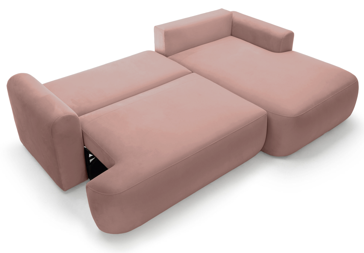 Canapé d'angle droit convertible Ovo en velours hydrofuge rose clair avec coffre de rangement