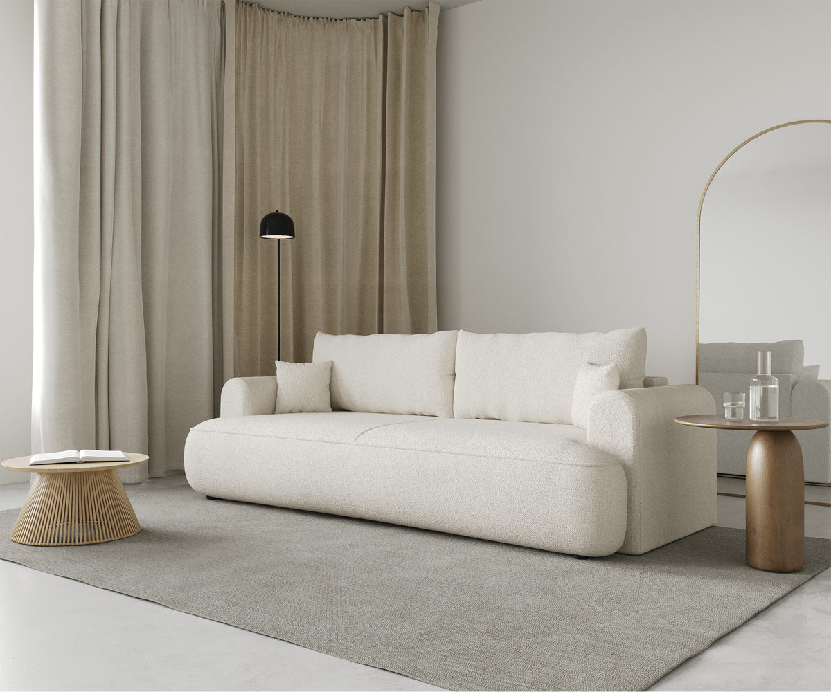 Dreisitziges ausklappbares Sofa Ovo mit Stauraum, cremefarbener Chenille-Bezug