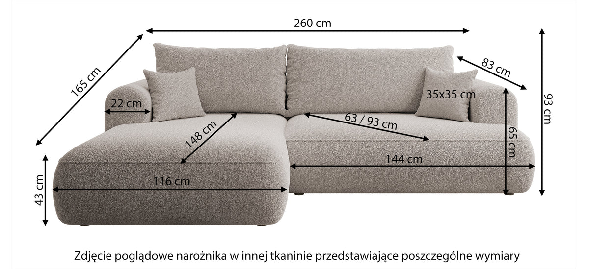Canapé d'angle droit Ovo avec fonction couchage et coffre de rangement, velours gris beige facile d'entretien