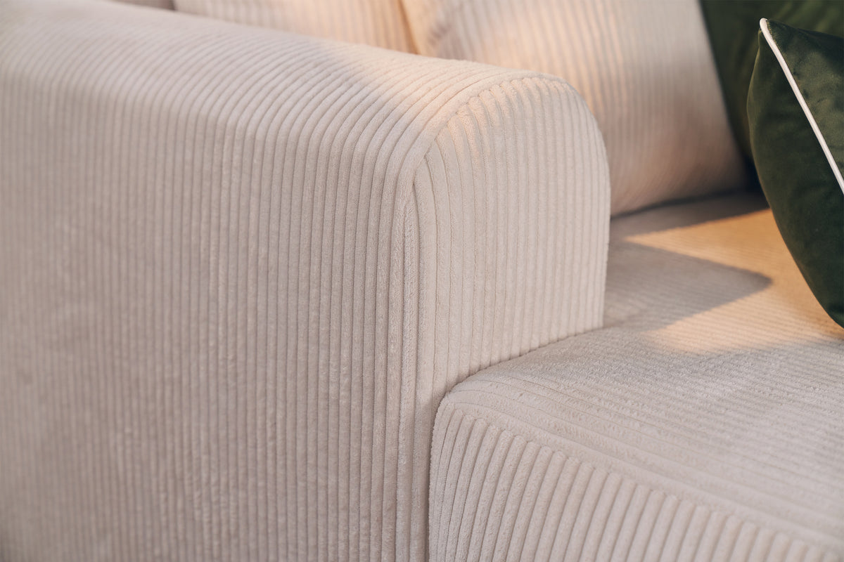 Canapé d'angle gauche Ovo Cord en velours côtelé blanc avec fonction couchage et rangement
