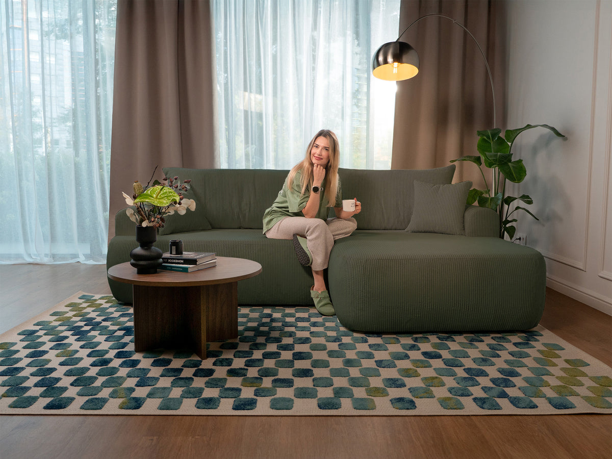 Ovo Cord Ecksofa mit Schlaffunktion, L-förmig, rechtsseitig, mit Stauraum, olivgrüner Cordstoff
