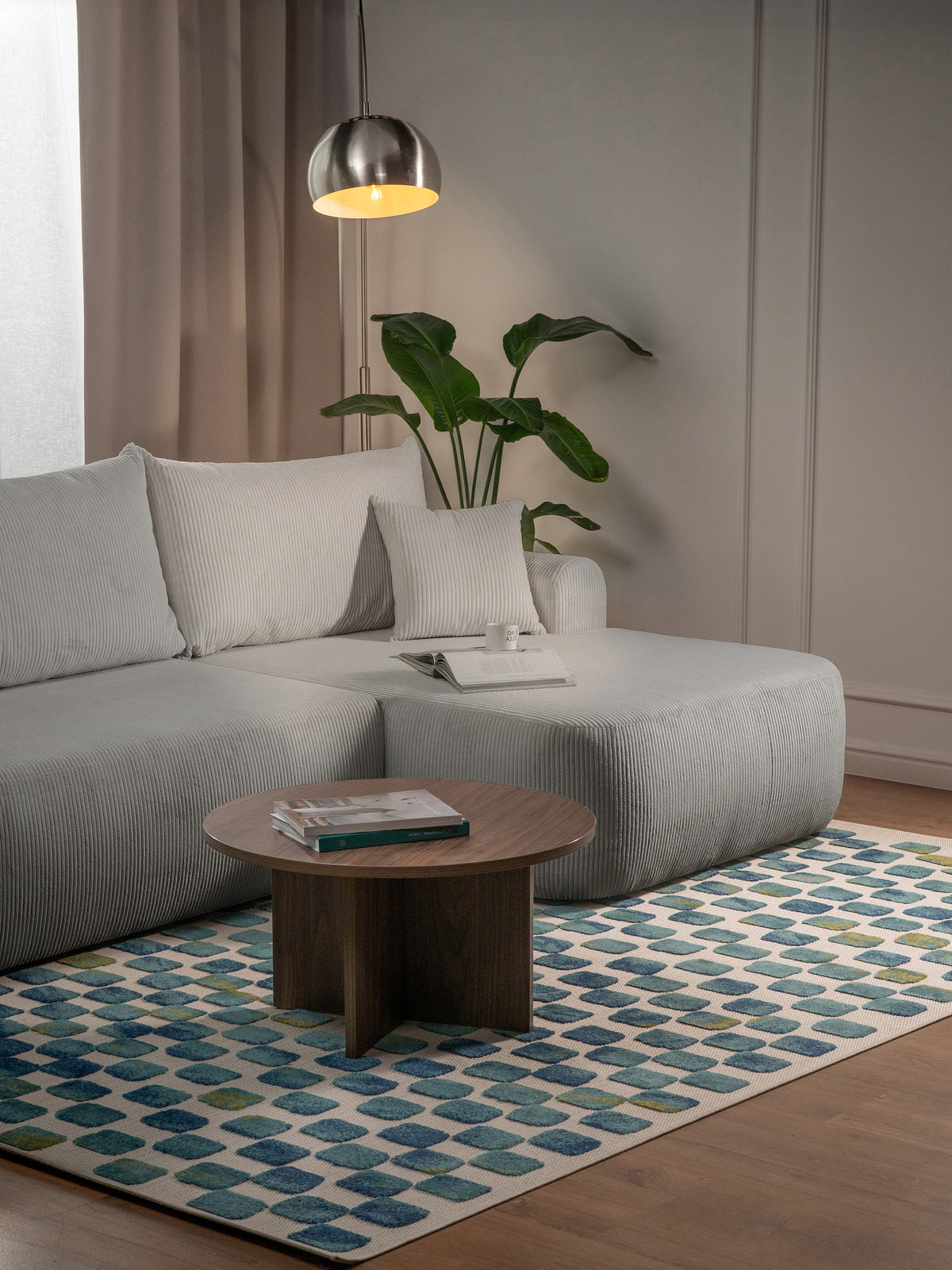 Canapé d'angle droit convertible Ovo Cord en velours côtelé gris beige avec rangement