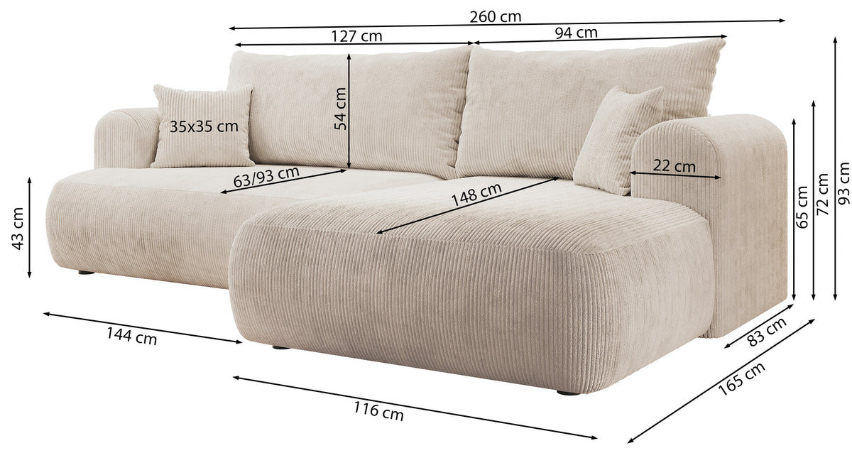 Ecksofa mit Schlaffunktion Ovo Cord, L-förmig, linksseitig, mit Stauraum, grau-beige Cordstoff