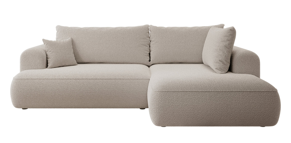 Canapé d'angle convertible Ovo en L avec accoudoir et coffre de rangement, boucle beige foncé, version droite