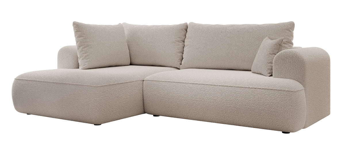 Canapé d'angle convertible Ovo en L avec accoudoir et coffre de rangement, boucle beige foncé, version gauche