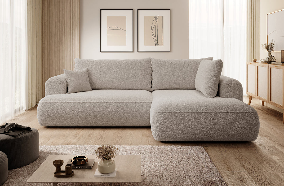 Canapé d'angle convertible Ovo en L avec accoudoir et coffre de rangement, boucle beige foncé, version droite