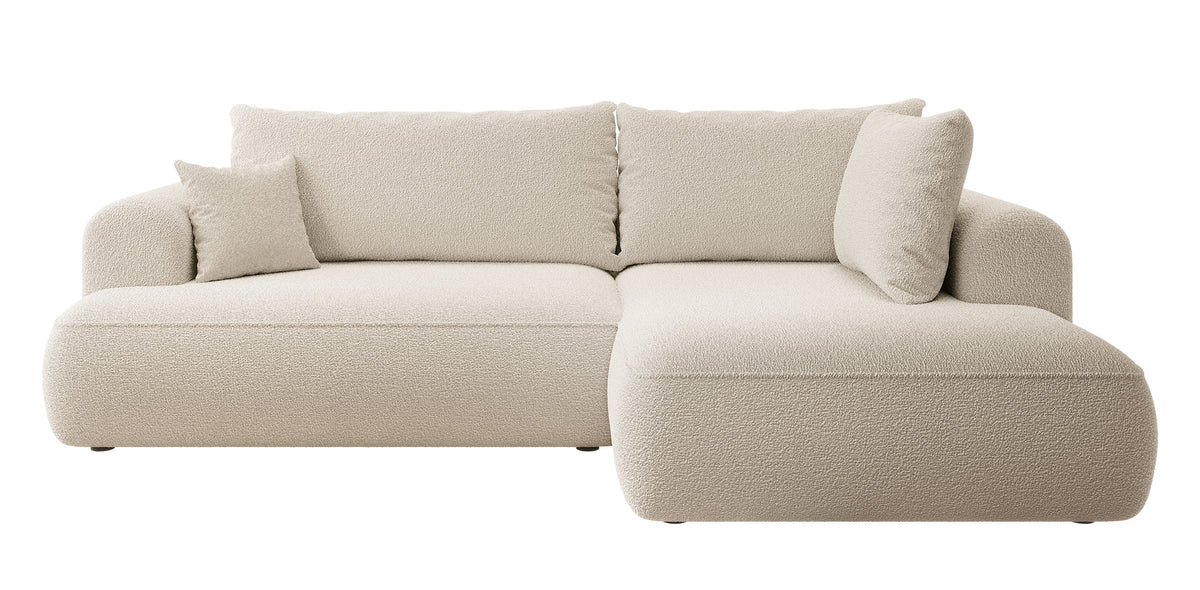 Canapé d'angle convertible Ovo en forme de L avec accoudoir et coffre de rangement, tissu boucle beige, version droite