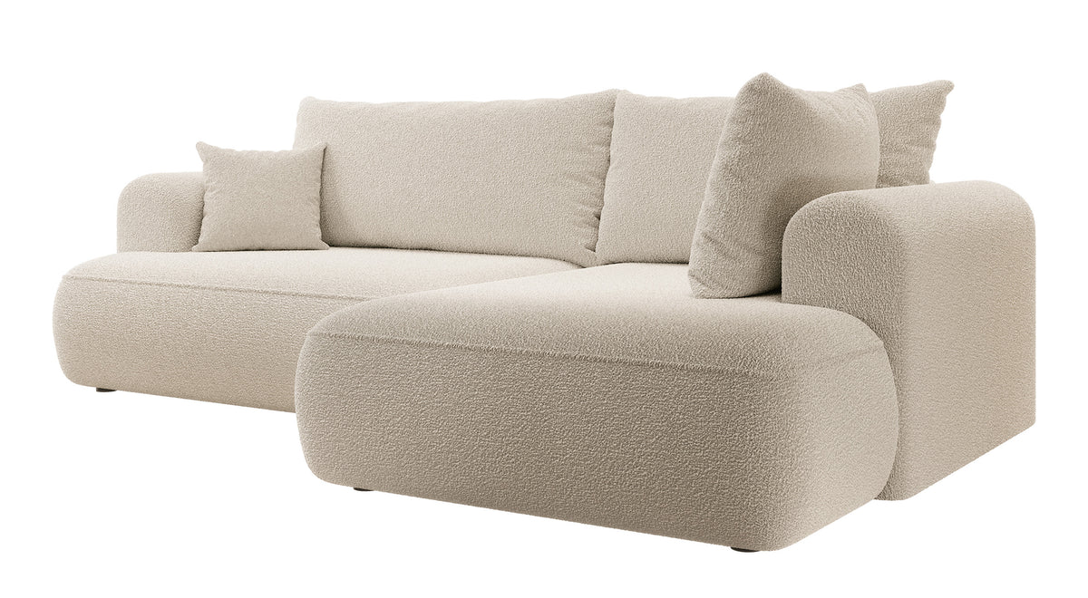 Ecksofa mit Schlaffunktion Ovo, L-förmig, mit Armlehne und Stauraum, beige Bouclé, rechtsseitig