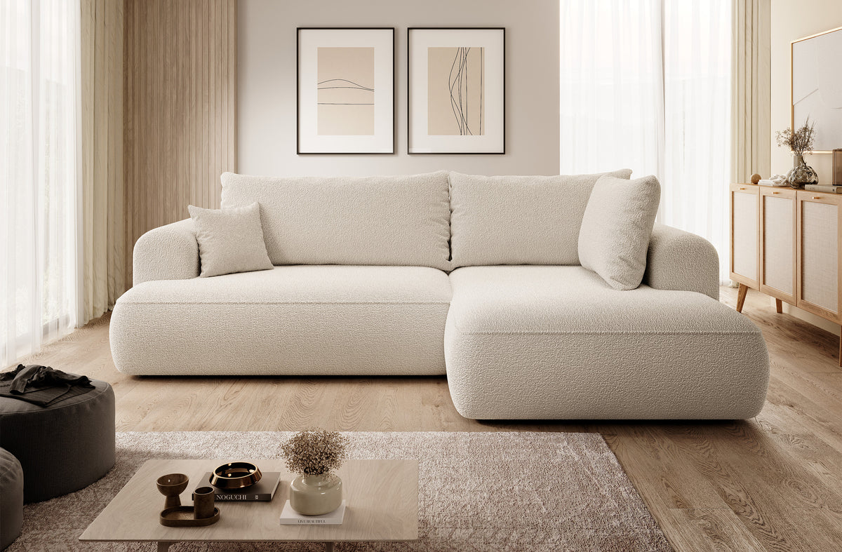 Canapé d'angle convertible Ovo en forme de L avec accoudoir et coffre de rangement, tissu boucle beige, version droite