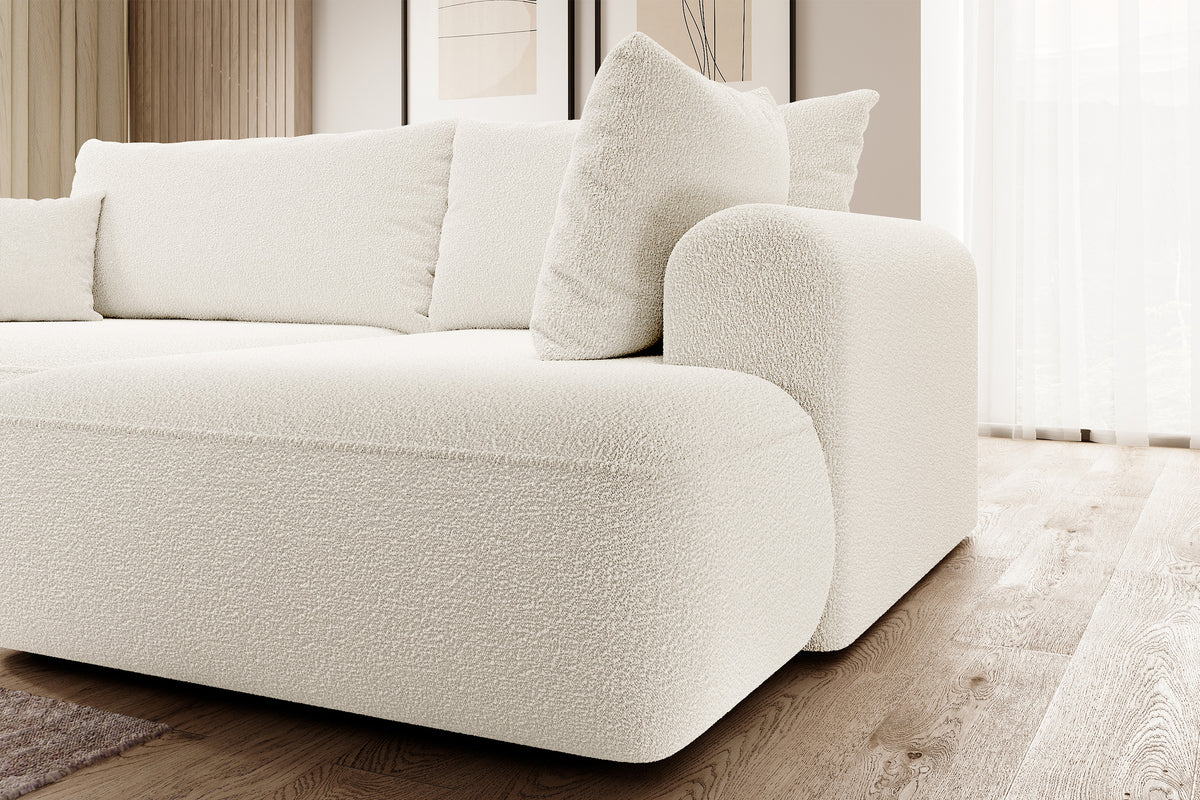 Canapé d'angle convertible Ovo en boucle crème avec accoudoir et coffre, version droite