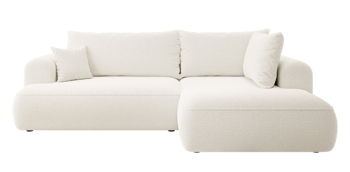 Canapé d'angle convertible Ovo en boucle crème avec accoudoir et coffre, version droite
