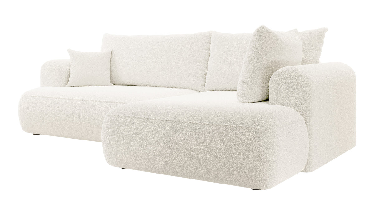 Ecksofa mit Schlaffunktion Ovo, L-förmig, mit Armlehne und Stauraum, cremefarbenes Bouclé, rechtsseitig
