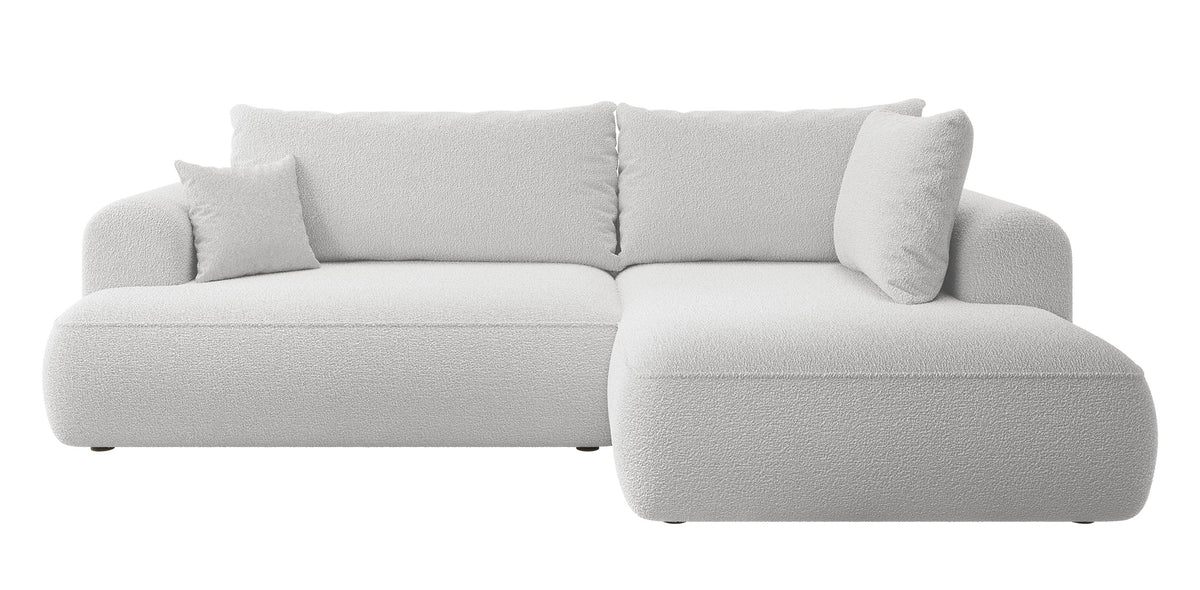 Canapé d’angle convertible Ovo en L avec accoudoir et coffre de rangement, boucle gris, orientation droite