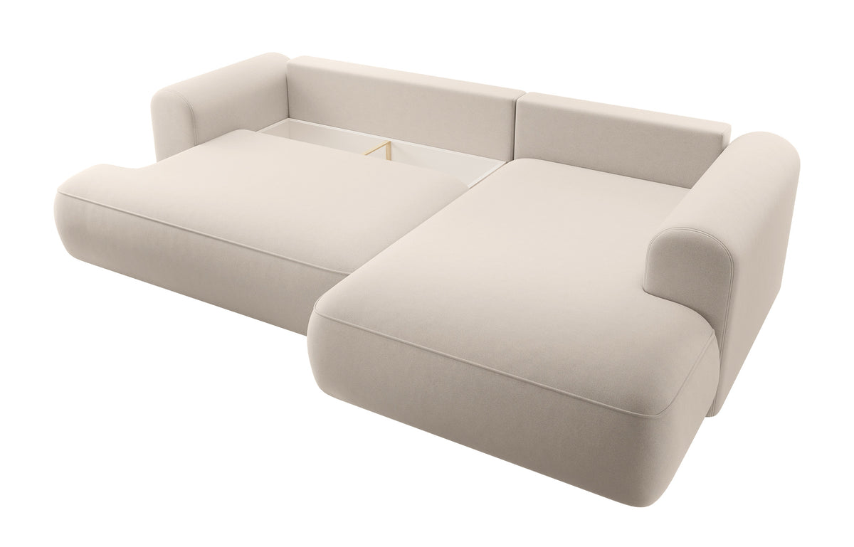 Ecksofa mit Schlaffunktion Ovo, L-förmig, mit Armlehne und Stauraum, hellbeiger, pflegeleichter Velours, rechtsseitig