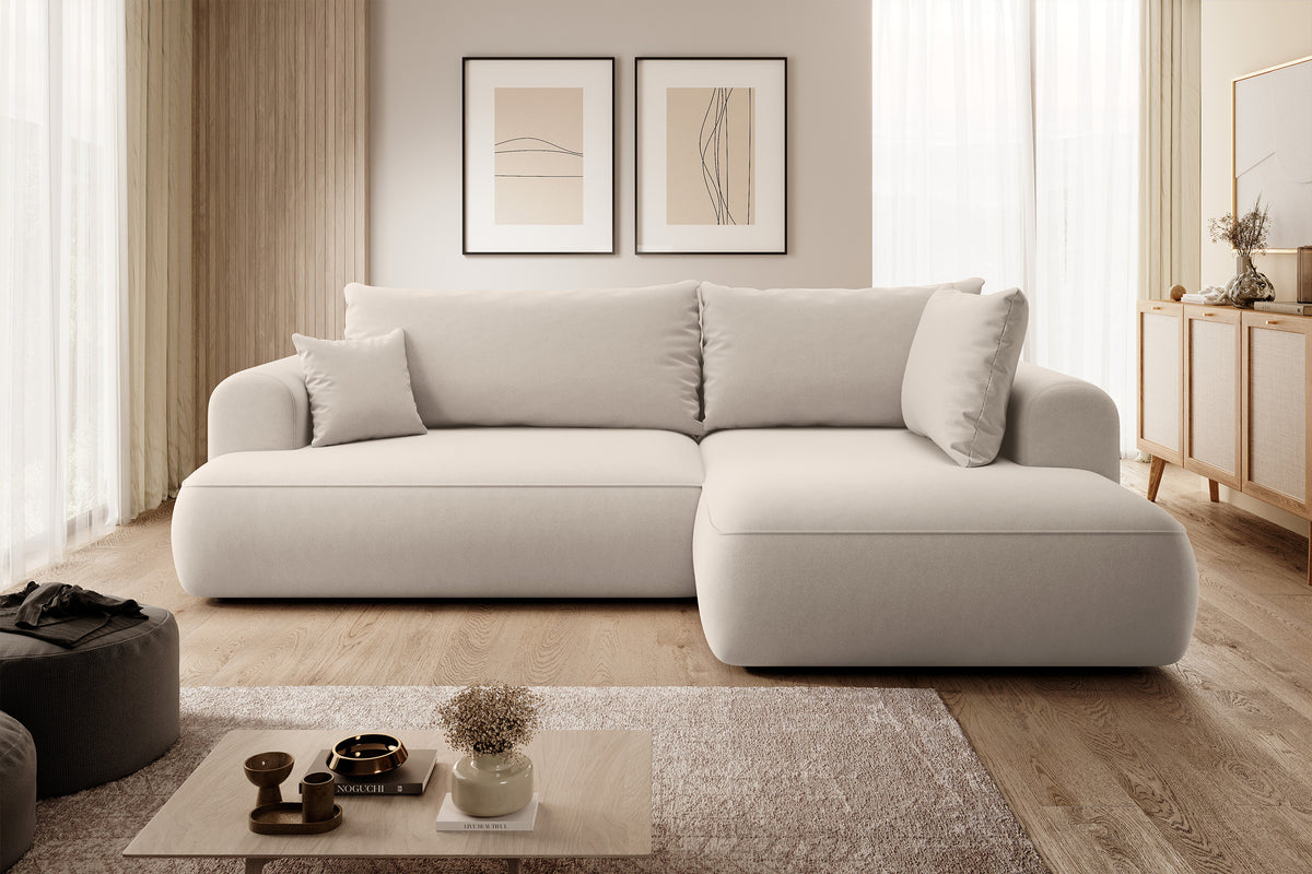 Ecksofa mit Schlaffunktion Ovo, L-förmig, mit Armlehne und Stauraum, hellbeiger, pflegeleichter Velours, rechtsseitig