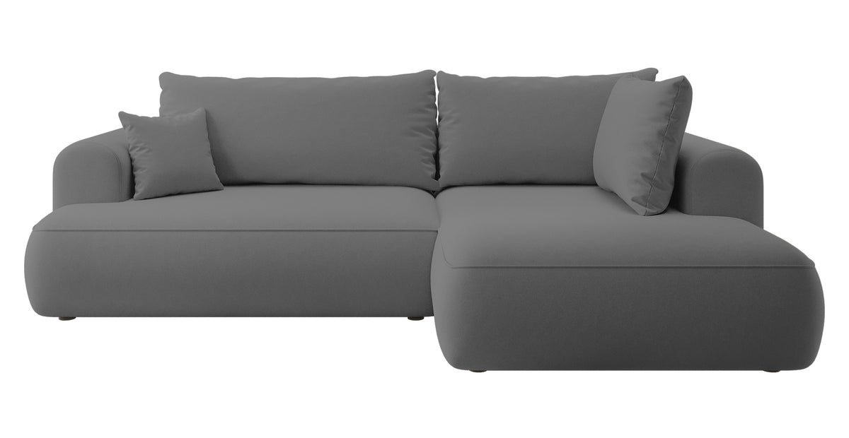 Canapé d'angle convertible Ovo en L avec accoudoir et coffre, velours gris foncé facile à nettoyer, côté droit