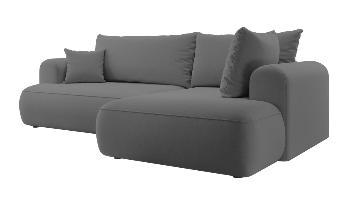 Canapé d'angle convertible Ovo en L avec accoudoir et coffre, velours gris foncé facile à nettoyer, côté droit