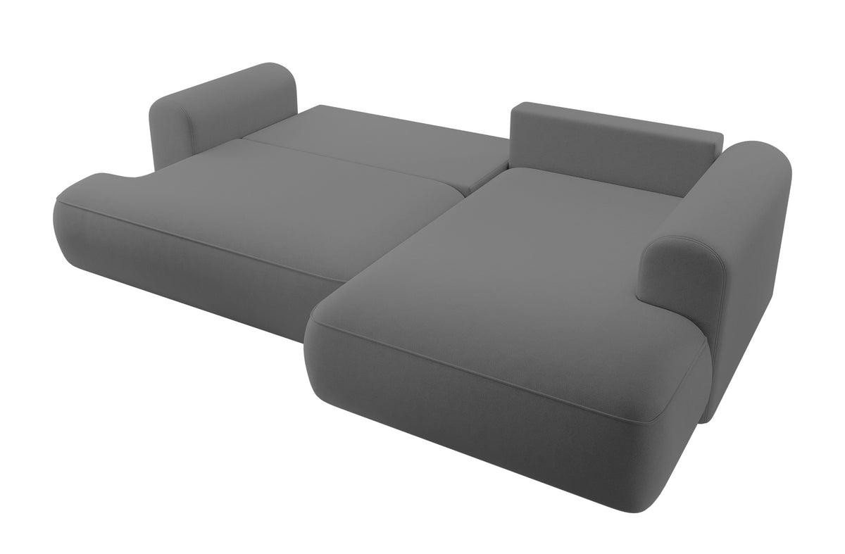Canapé d'angle convertible Ovo en L avec accoudoir et coffre, velours gris foncé facile à nettoyer, côté droit