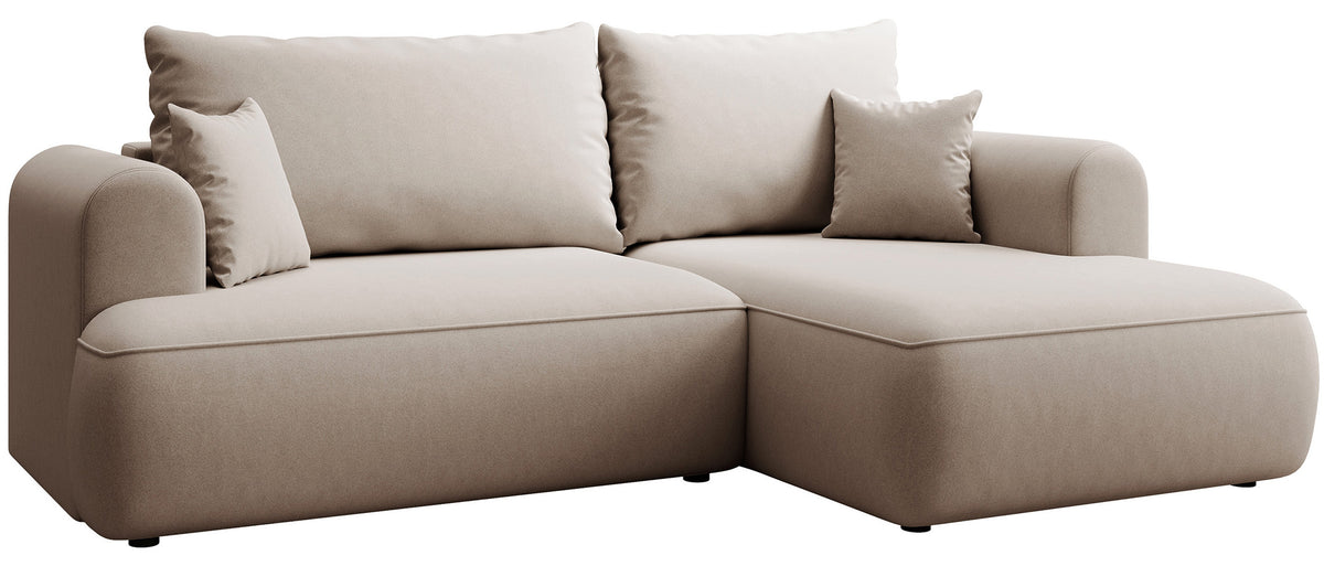 Canapé d'angle avec fonction couchage Ovo mini en L, côté droit, avec coffre de rangement, velours beige facile d'entretien