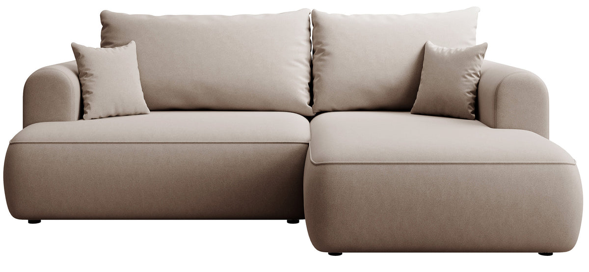 Canapé d'angle avec fonction couchage Ovo mini en L, côté droit, avec coffre de rangement, velours beige facile d'entretien