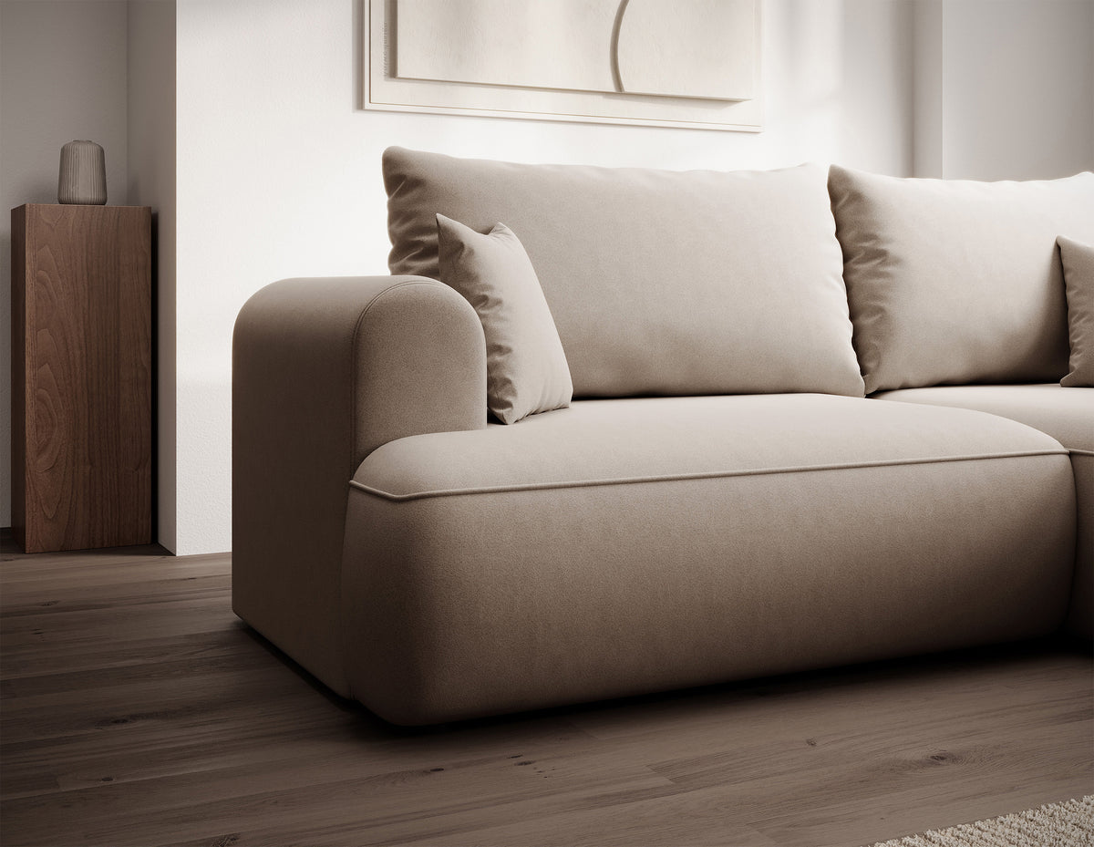 Canapé d'angle avec fonction couchage Ovo mini en L, côté droit, avec coffre de rangement, velours beige facile d'entretien