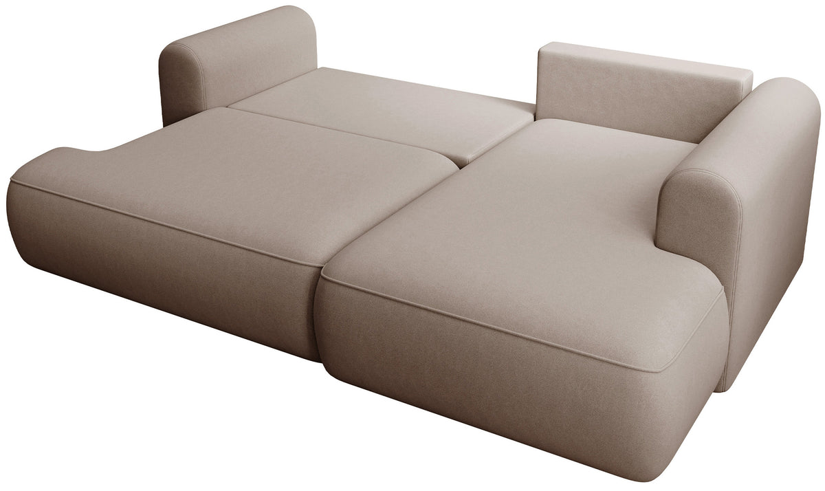 Canapé d'angle avec fonction couchage Ovo mini en L, côté droit, avec coffre de rangement, velours beige facile d'entretien