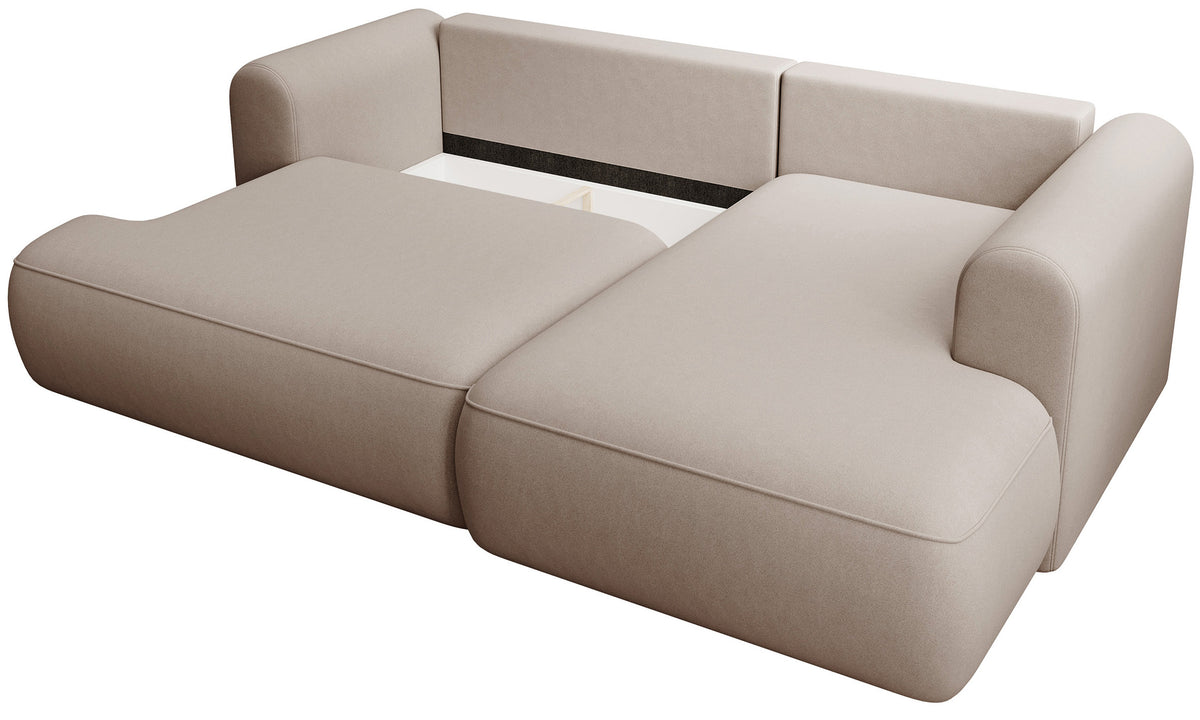 Canapé d'angle avec fonction couchage Ovo mini en L, côté droit, avec coffre de rangement, velours beige facile d'entretien