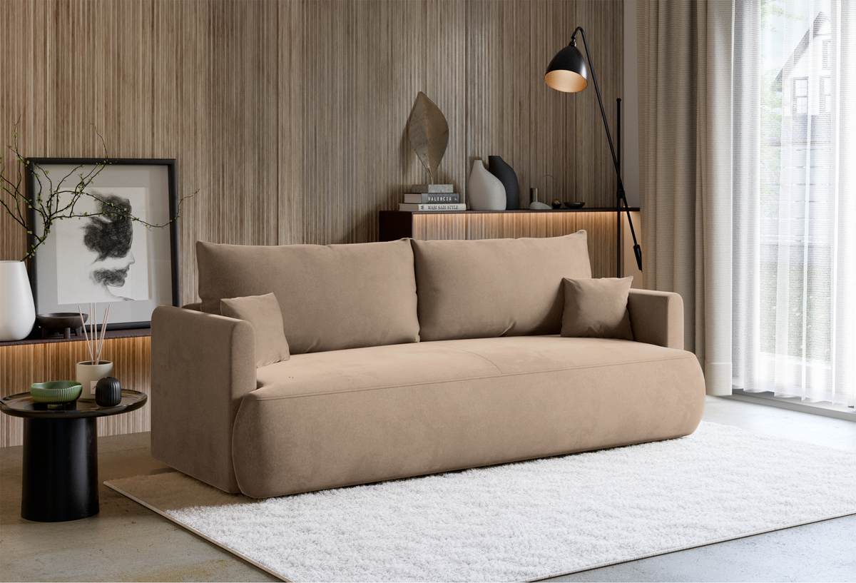 Dreisitziges ausklappbares Sofa Ovo Mini mit Stauraum, beige Chenille, leicht zu reinigen