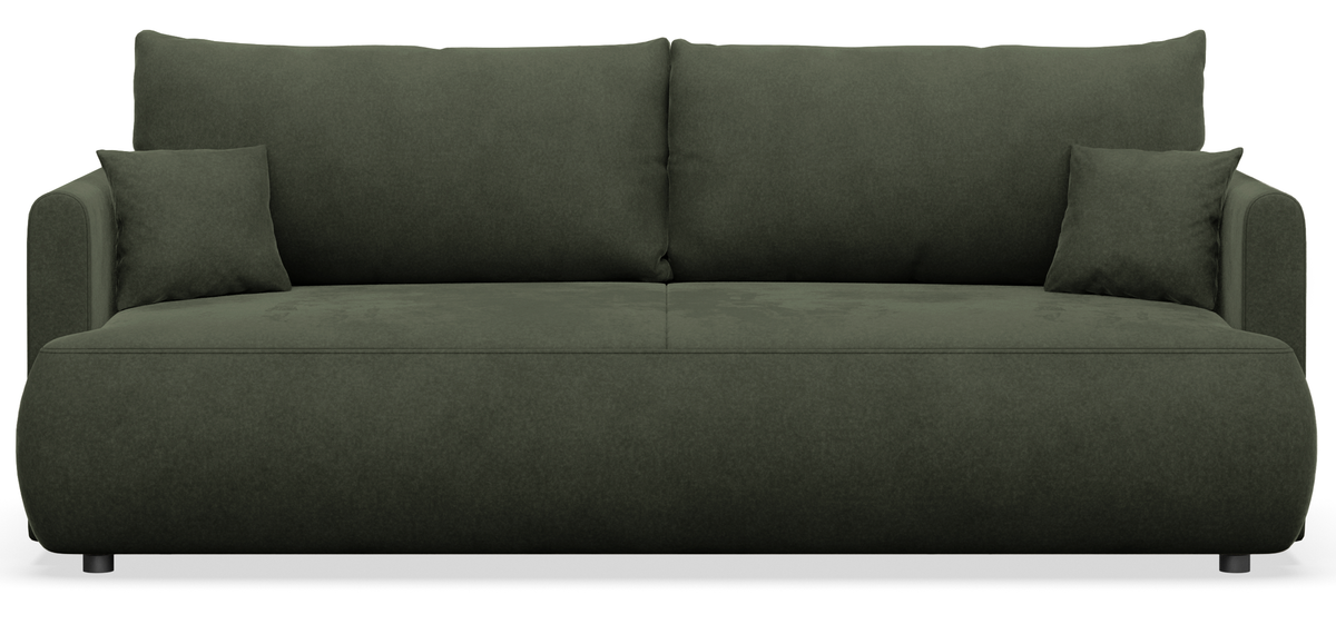 Dreisitziges ausklappbares Sofa Ovo Mini mit Stauraum, olivgrüner, pflegeleichter Samt