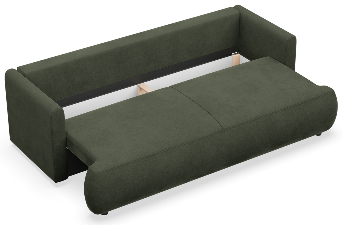 Canapé convertible 3 places Ovo mini avec coffre, velours olive facile à nettoyer