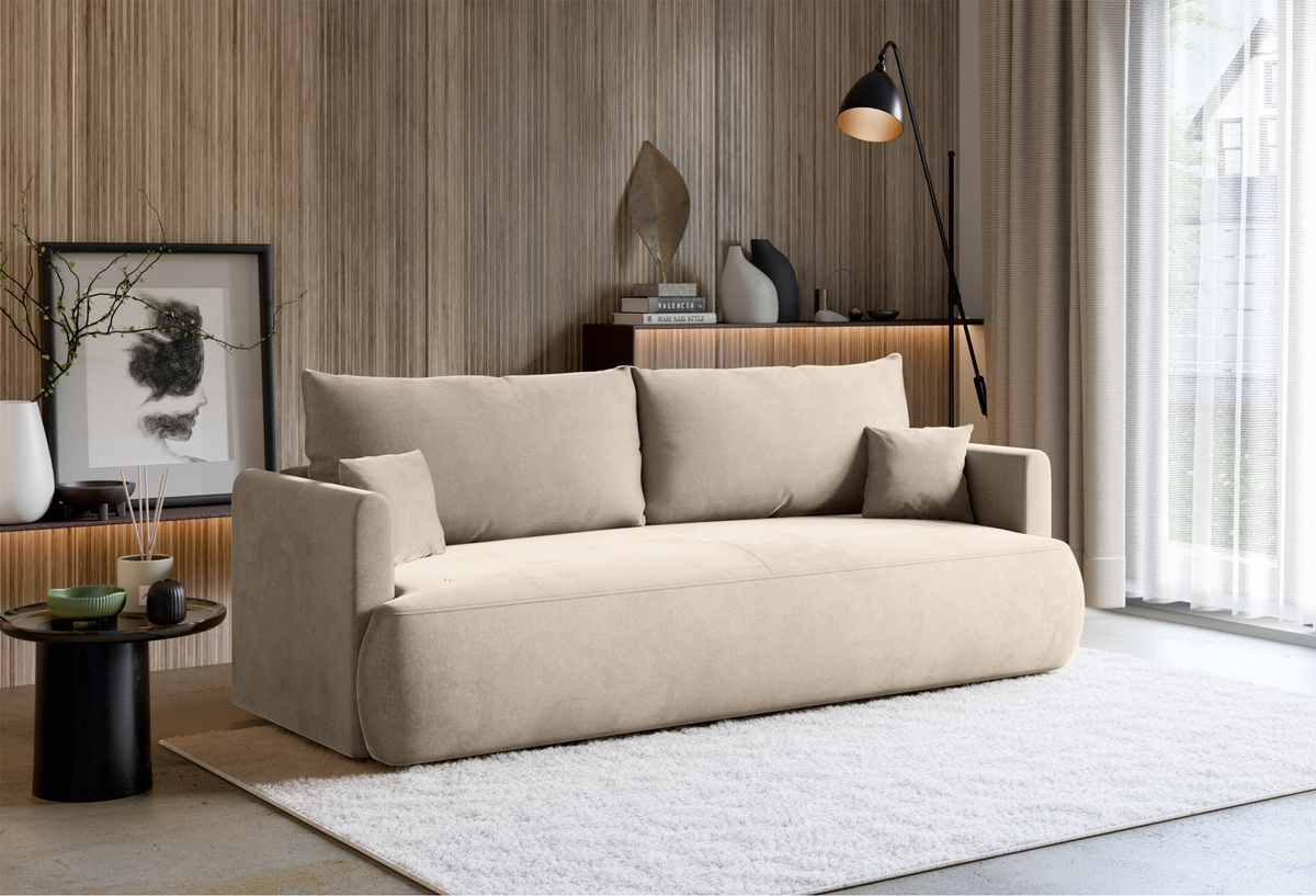 Drei-Sitzer-Schlafsofa Ovo Mini mit Stauraum, hellbeiger Samt, pflegeleicht