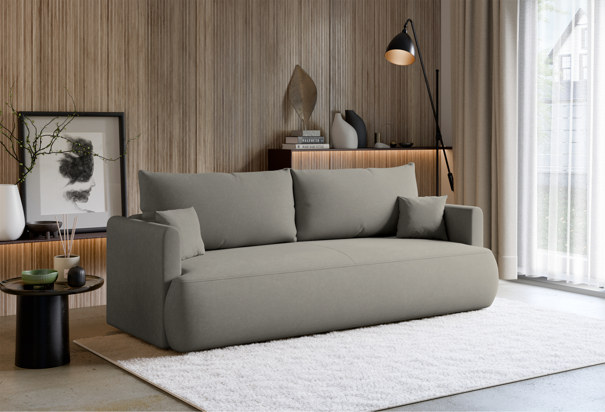 Canapé convertible 3 places Ovo mini avec coffre, tissu chenille gris clair facile à nettoyer