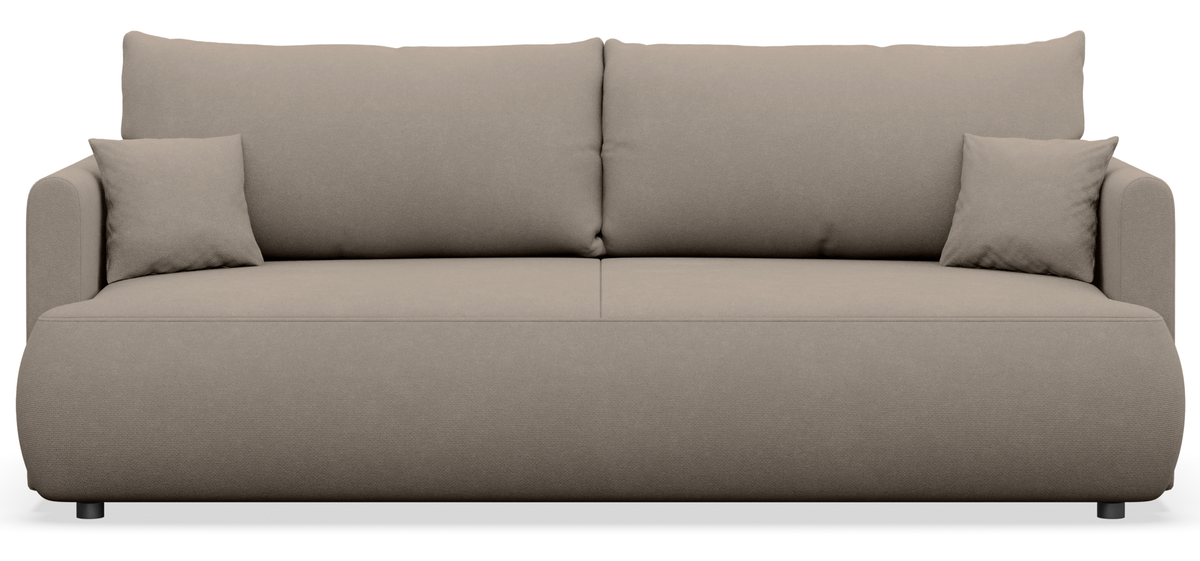 Dreisitziges ausklappbares Sofa Ovo Mini mit Stauraum, hellbeiger Chenille-Stoff, pflegeleicht