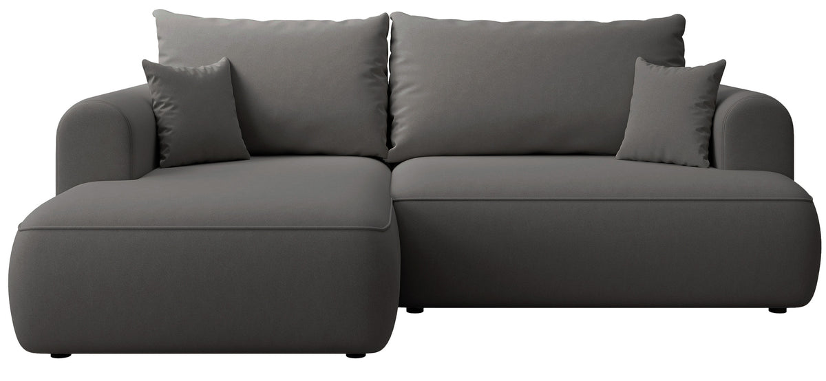 Canapé d'angle convertible Ovo mini en L, côté gauche, avec coffre, velours gris foncé facile à nettoyer