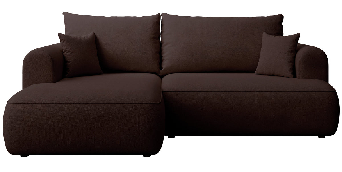 Canapé d'angle avec fonction couchage Ovo mini en L, côté gauche, tissu chenille marron facile à nettoyer