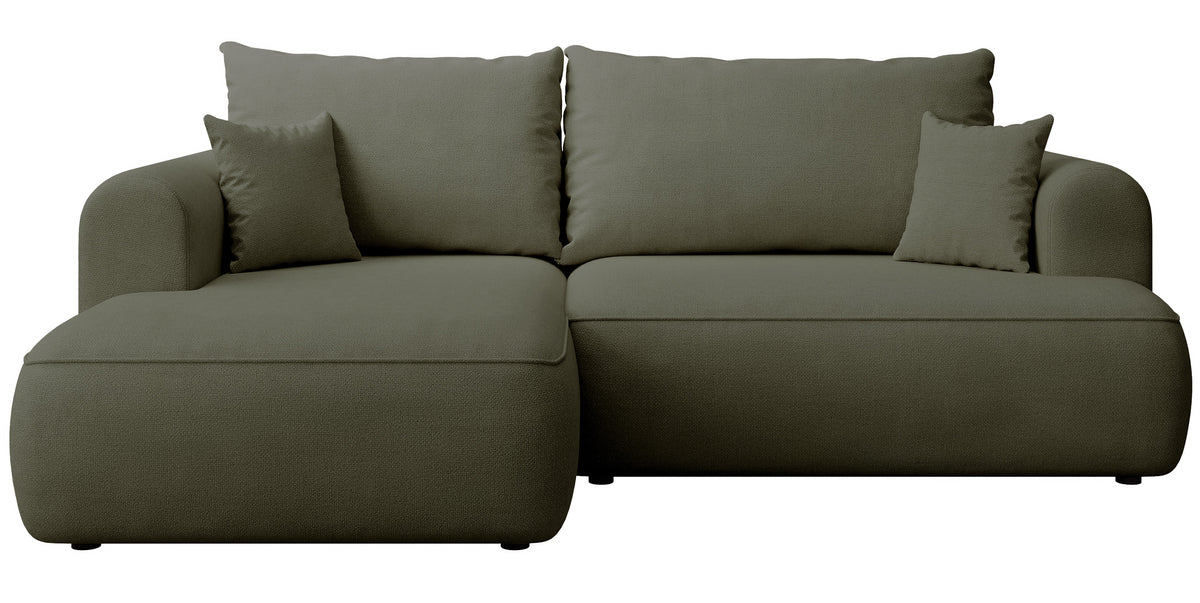 Canapé d'angle avec fonction couchage Ovo mini en L, côté gauche, en chenille olive facile à nettoyer