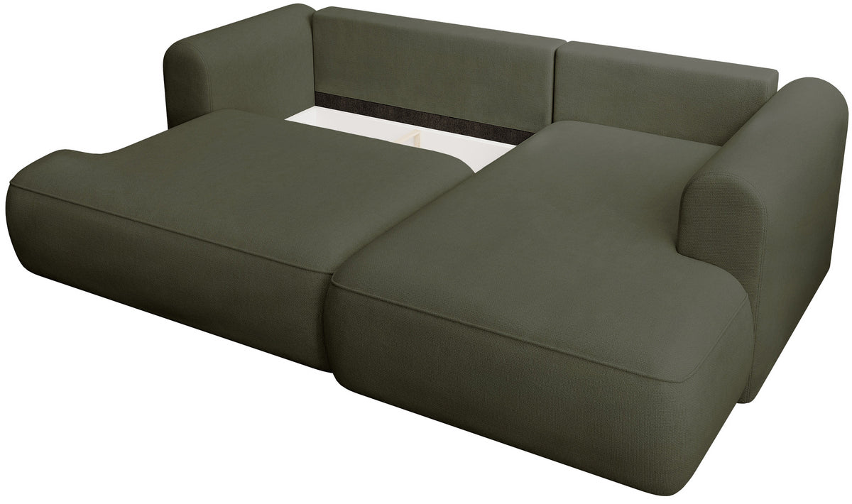 Canapé d'angle convertible Ovo mini en L, version droite, tissu chenille olive facile à nettoyer