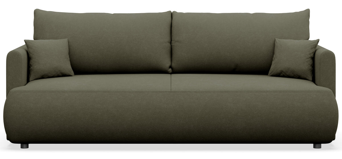 Dreisitziges ausklappbares Sofa Ovo Mini mit Stauraum, olivgrüner Chenille, leicht zu reinigen