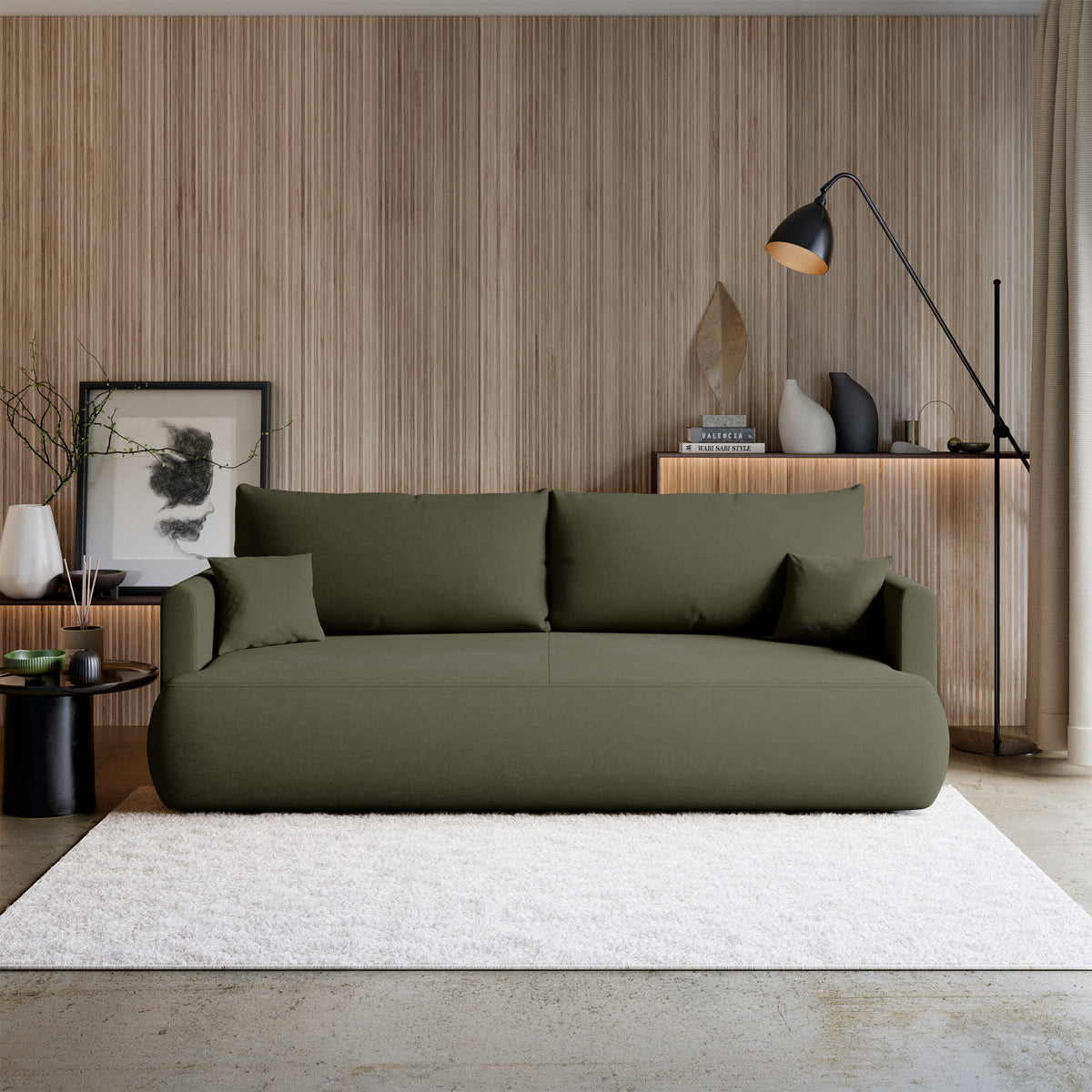 Dreisitziges ausklappbares Sofa Ovo Mini mit Stauraum, olivgrüner Chenille, leicht zu reinigen