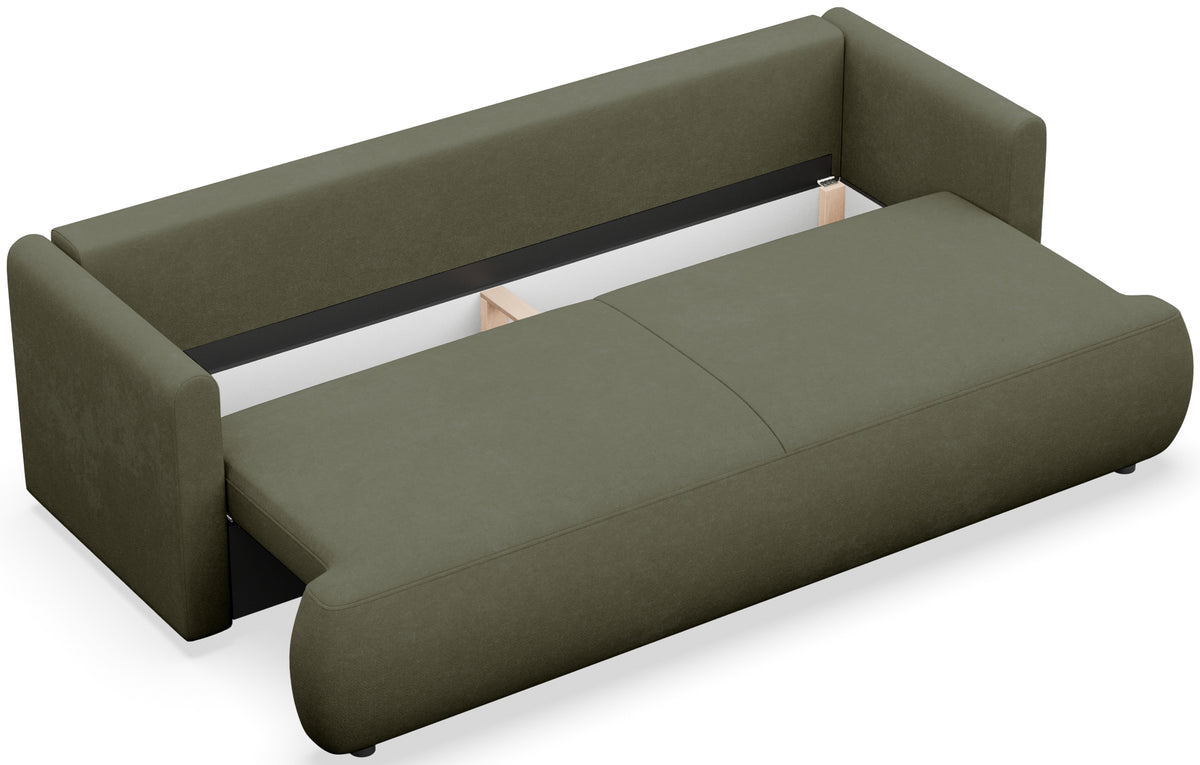 Dreisitziges ausklappbares Sofa Ovo Mini mit Stauraum, olivgrüner Chenille, leicht zu reinigen