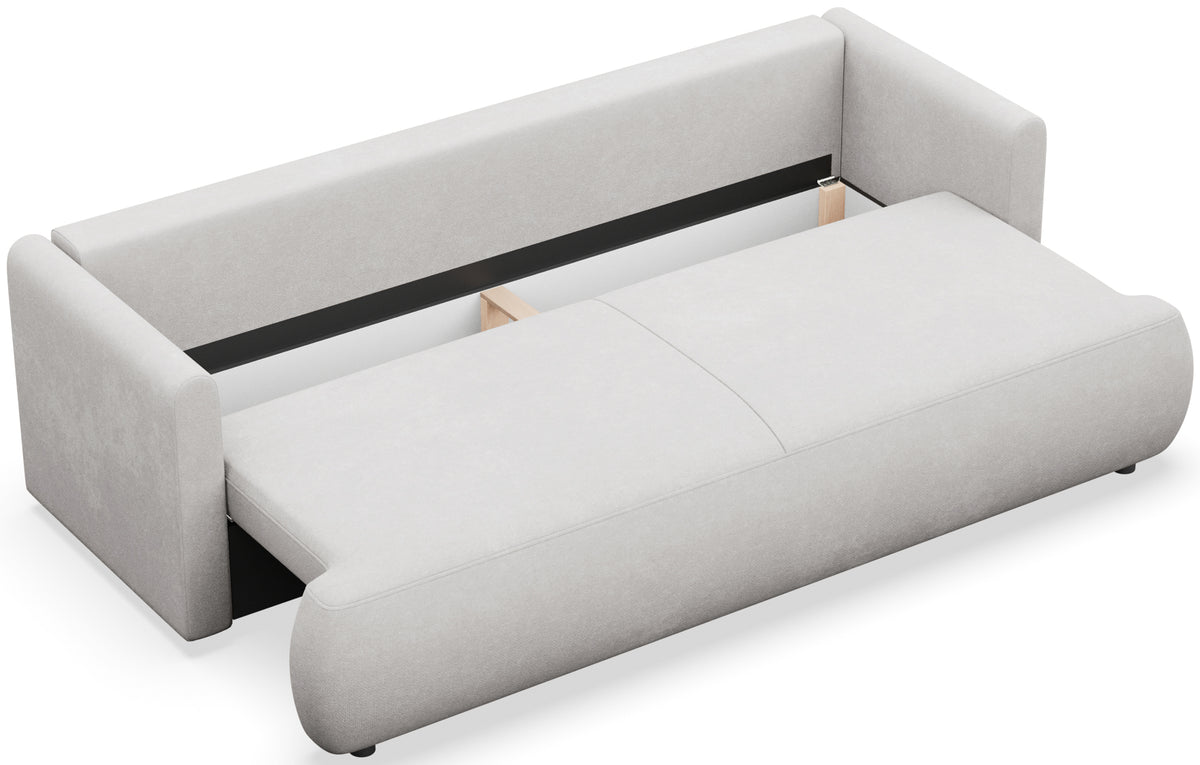 Dreisitziges ausklappbares Sofa Ovo Mini mit Stauraum, hellgrauer Chenille-Stoff, pflegeleicht