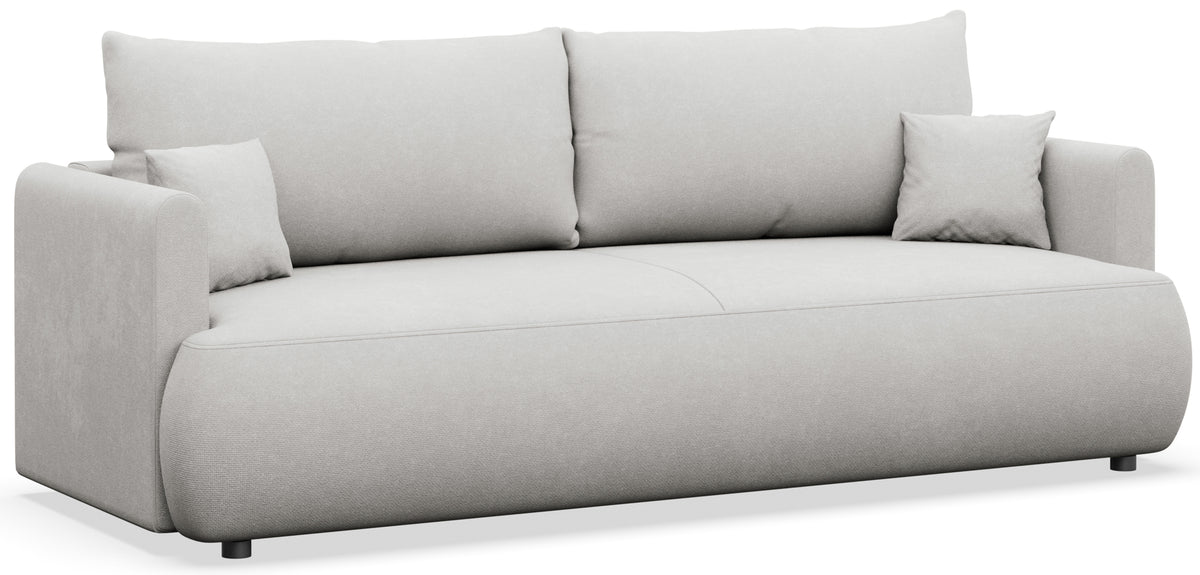 Dreisitziges ausklappbares Sofa Ovo Mini mit Stauraum, hellgrauer Chenille-Stoff, pflegeleicht