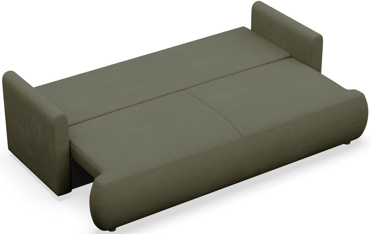 Dreisitziges ausklappbares Sofa Ovo Mini mit Stauraum, olivgrüner Chenille, leicht zu reinigen