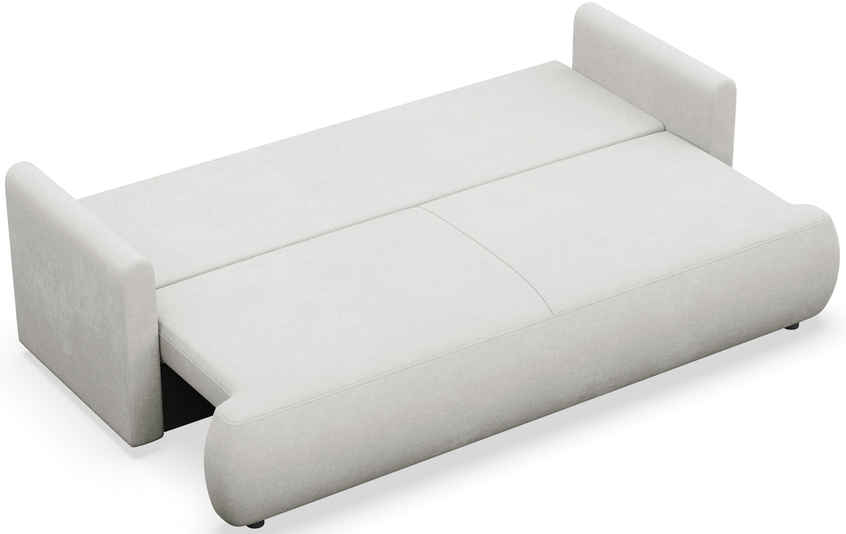 Dreisitziges ausklappbares Sofa Ovo Mini mit Stauraum, hellgrauer Chenille-Stoff, pflegeleicht