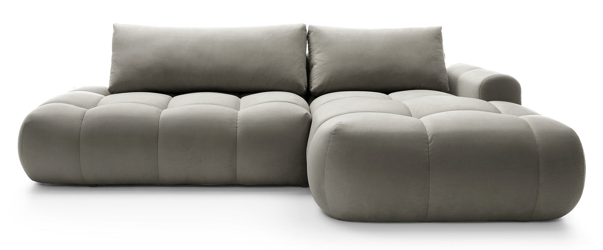 Canapé d'angle Ombo avec fonction couchage, coffre de rangement, velours hydrofuge gris-bronze, angle droit