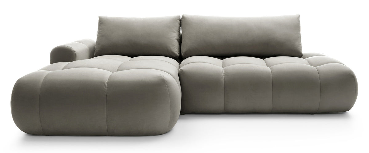 Canapé d'angle Ombo en L avec fonction couchage et coffre de rangement, velours hydrofuge gris-brun, version gauche